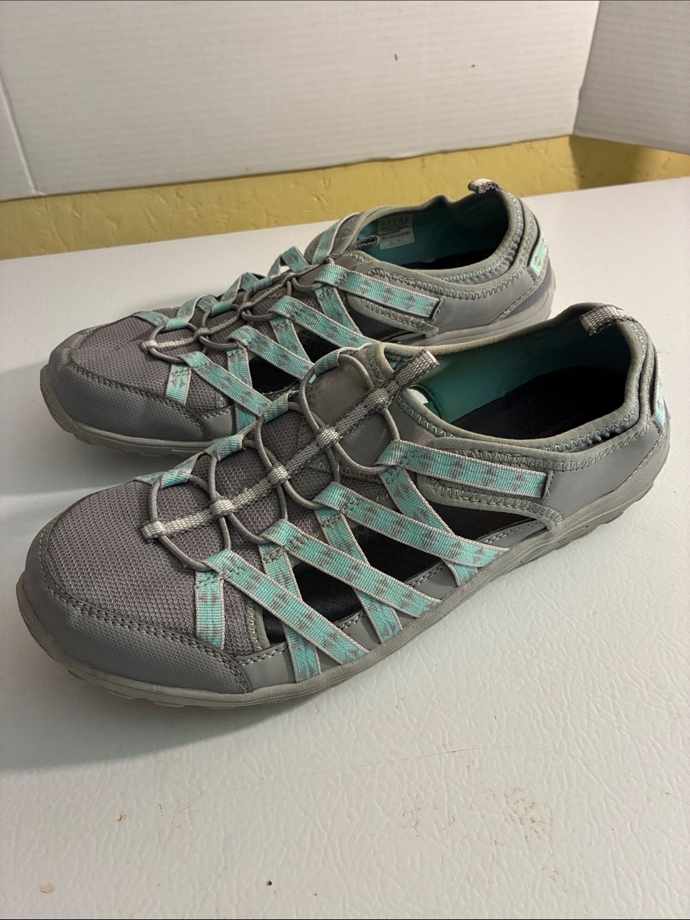 Skechers Gray Slip-On Sandals with Teal Straps